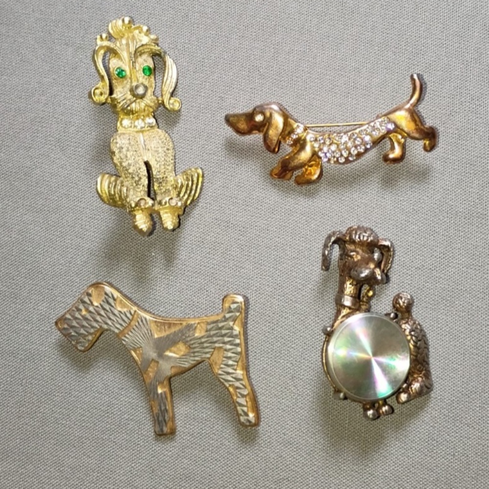 4 Vintage DOG Pins Poddle Schnauzer Dacshund Jewelarama